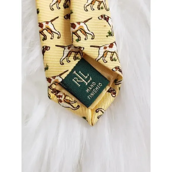 Vintage Polo Ralph Lauren Tie Dog Print 100% Silk Pointer Terrier Hunting Dog‎